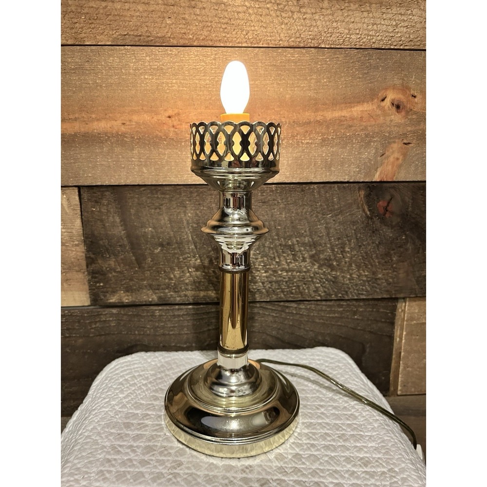 Vintage Brass & Silver Tone Candlestick Table Lamp 10" Beautiful